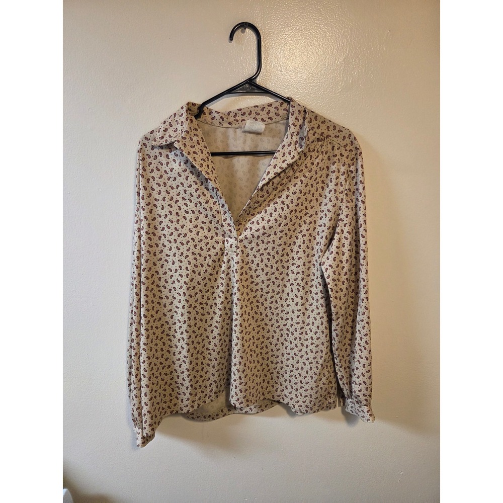Vintage Nikki Tan Red Paisley Print Long Sleeve Split Neck Blouse Top Size 20